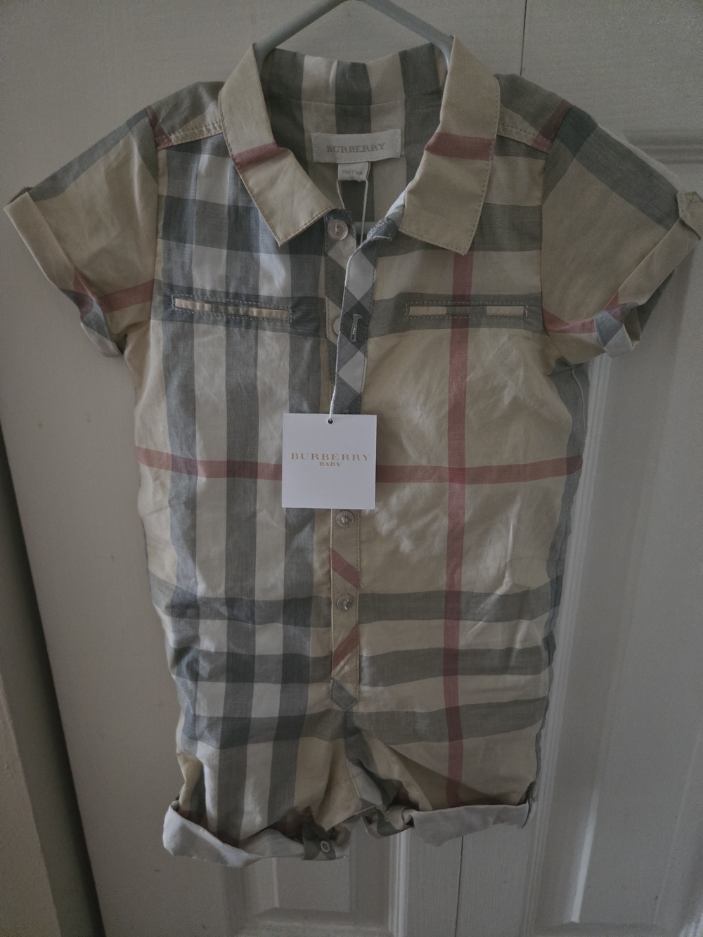 Burberry Beige and Gray Plaid Short Sleeve Romper